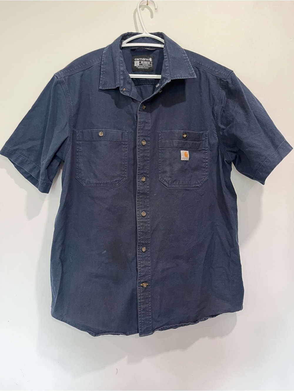 Carhartt Rugged Flex Rigby Short Sleeve Work Shirt Button Front Navy Blue Size L